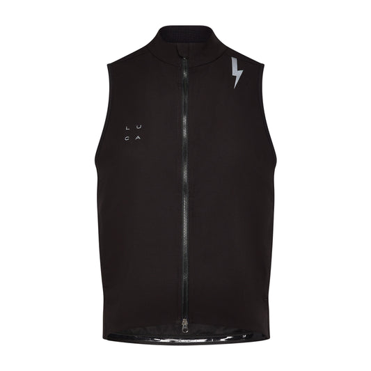 Black-Luca-cycling-gilet-on-a-white-background-it-features-a-high-collar-full-black-zipper-the-white-square-arranged-LUCA-logo-on-the-chest-and-a-large-silver-lighting-bolt-graphic-on-theshoulder-