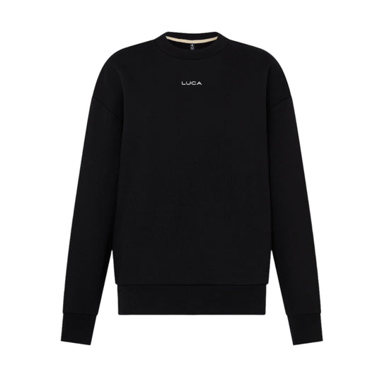 A-plain-black-long-sleeve-sweatshirt-with-a-crew-neck-and- ribbed-cuffs-The-white-LUCA-brand-logo-is-small-and-centered-on-the-upper-chest-Ideal-for-unisex- cycling-wear-warm-up-gear- comfortable-fleece-apparel