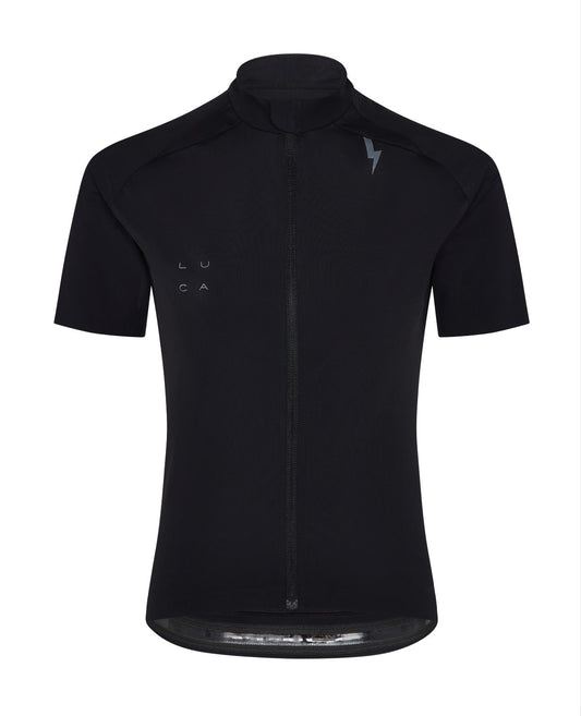 Front-view-of-the-Solstice-Black-LUCA-jersey-It-features-a-high-collar-a-full-black-central-zipper-the-LUCA-logo-on-the-left-chest-and-a-small-lightning-bolt-graphic-near-the-collar