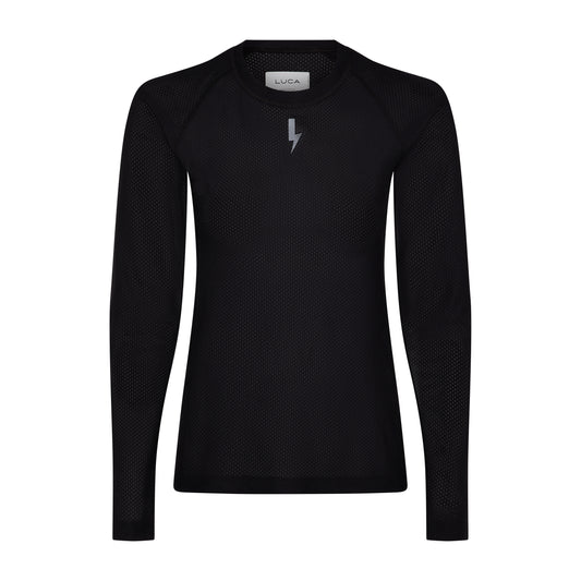 Flat-lay-of-the-black-long-sleeve-base-layer-top-against-white-background-The-shirt-features-a-subte-all-over-textured-pattern-raglan-sleeves-and-a-small-silver-lighting-bolt-sign-cenered-on-the-chest-the-neck