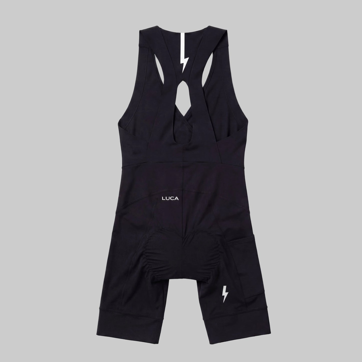 LUCA Road All-In-One Cargo women's cycling bib shorts in black, back racerback view