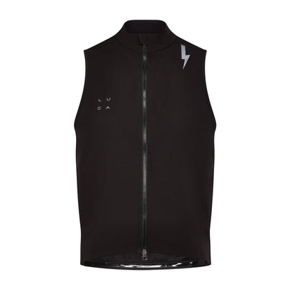 Black-Luca-cycling-gilet-on-a-white-background-it-features-a-high-collar-full-black-zipper-the-white-square-arranged-LUCA-logo-on-the-chest-and-a-large-silver-lighting-bolt-graphic-on-theshoulder-
