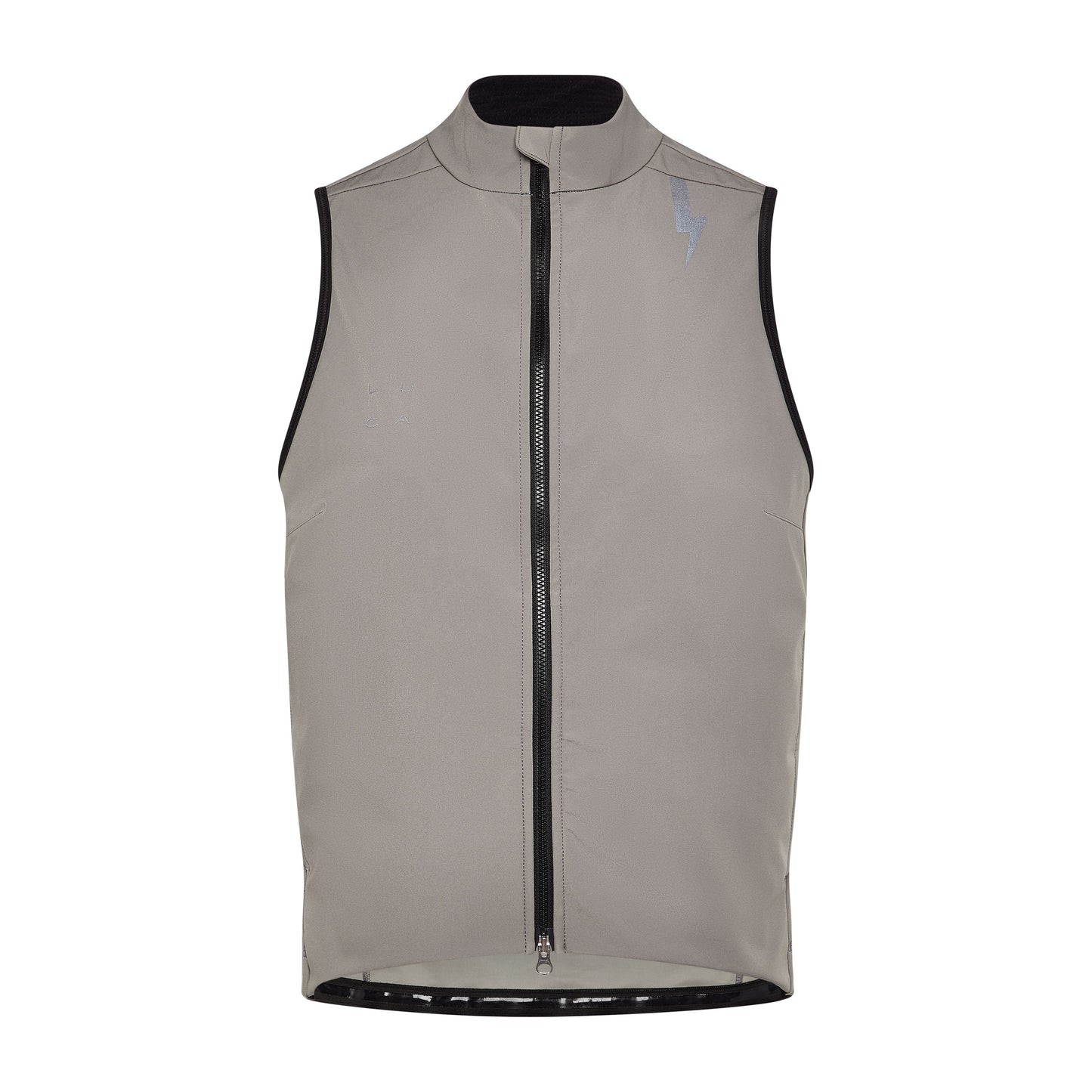 Studio-shot-of-the-taupe-grey-Luca-cycling-gilet-on-a-while-background--it-features-a-high-collar-full-black-zipper-the-subtle-grey-LUCA-logo-on-the-chest-and-a-prominnt-reflctive-lighting-bolt-graphic-on-the-shouler-The-hem-has-a-reflective-band-visible-along-the-bttom-edge