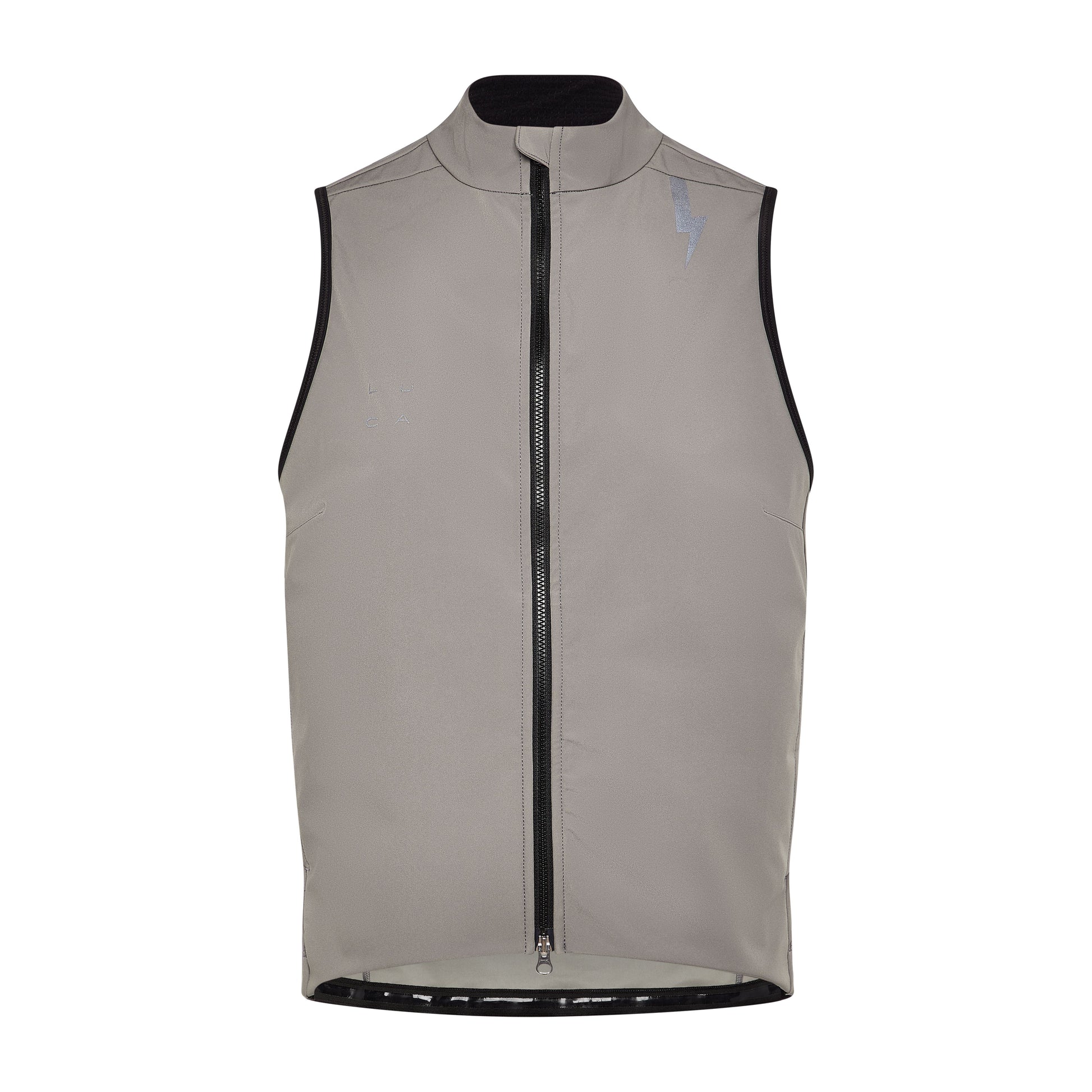 Studio-shot-of-the-taupe-grey-Luca-cycling-gilet-on-a-while-background--it-features-a-high-collar-full-black-zipper-the-subtle-grey-LUCA-logo-on-the-chest-and-a-prominnt-reflctive-lighting-bolt-graphic-on-the-shouler-The-hem-has-a-reflective-band-visible-along-the-bttom-edge