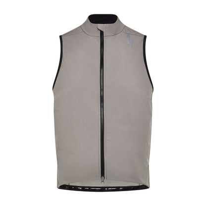 Studio-shot-of-the-taupe-grey-Luca-cycling-gilet-on-a-while-background--it-features-a-high-collar-full-black-zipper-the-subtle-grey-LUCA-logo-on-the-chest-and-a-prominnt-reflctive-lighting-bolt-graphic-on-the-shouler-The-hem-has-a-reflective-band-visible-along-the-bttom-edge