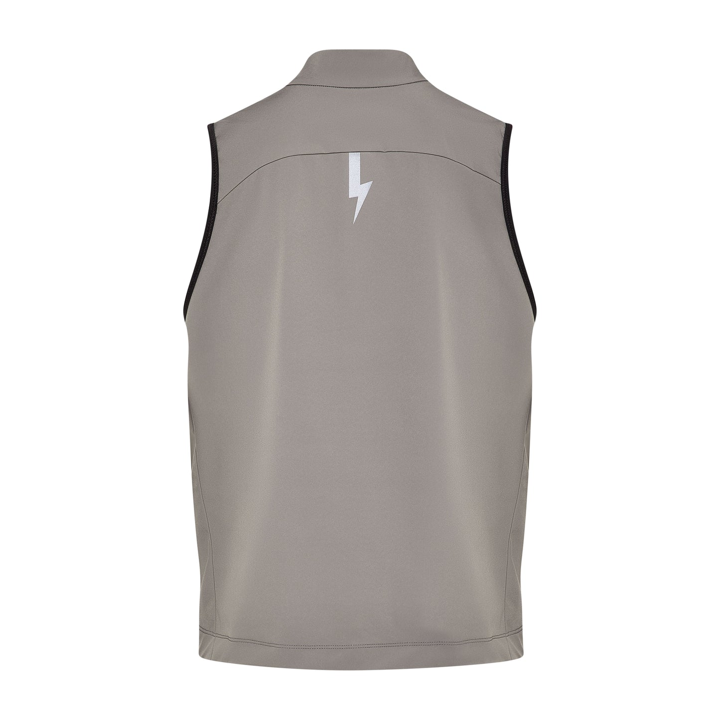 Back-of-the-back-of-the-taupe-grey-Luca-cycling-gilet-on-a-whitebackground-highlighting-the-large-reflctive-lighting-bolt-graphic-centered-on-the-upper-back-for-high-visibility-The-curved-stiching-detail-and-black-trim-around-the-armholes-are-also-visible
