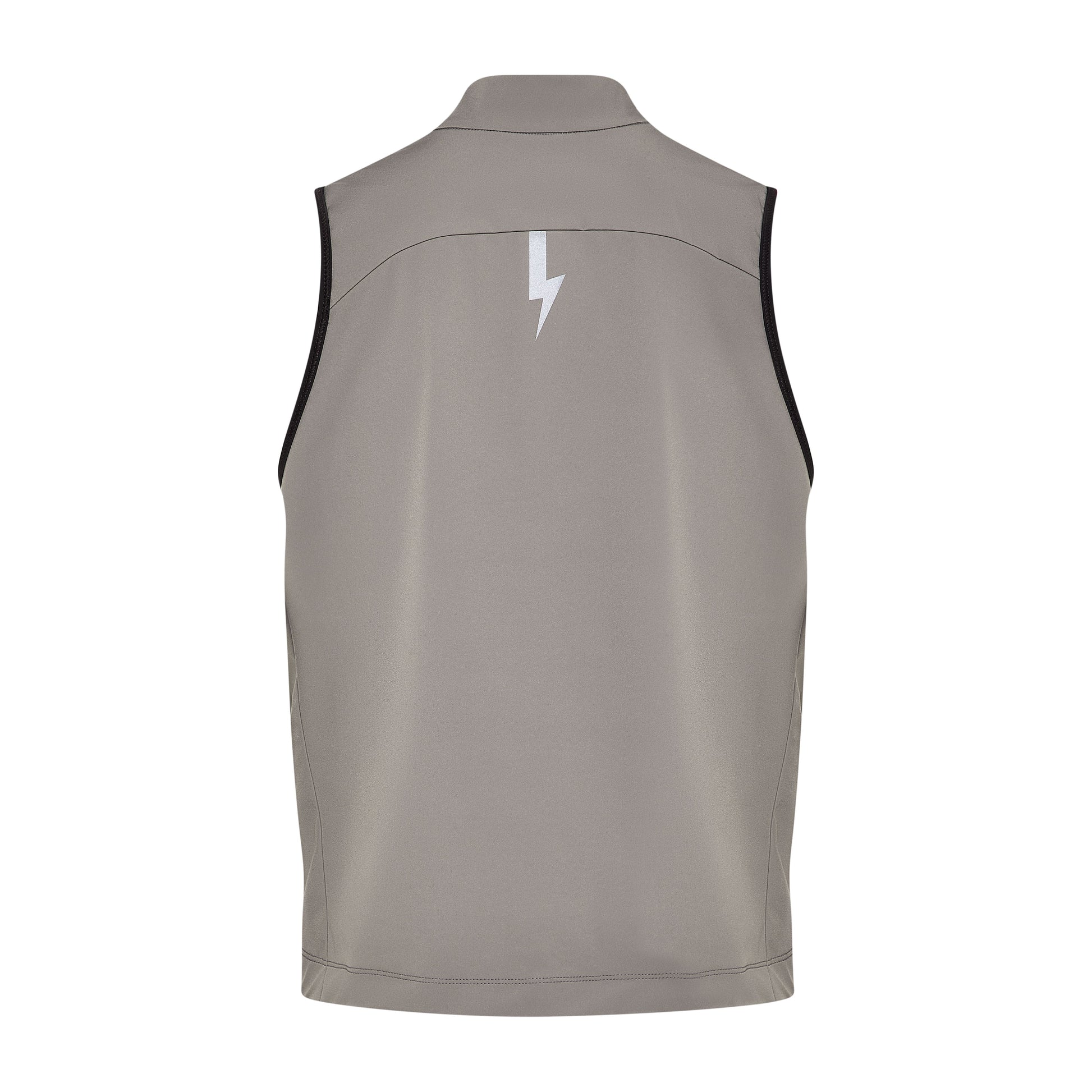 Back-of-the-back-of-the-taupe-grey-Luca-cycling-gilet-on-a-whitebackground-highlighting-the-large-reflctive-lighting-bolt-graphic-centered-on-the-upper-back-for-high-visibility-The-curved-stiching-detail-and-black-trim-around-the-armholes-are-also-visible