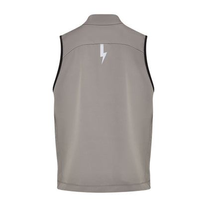 Back-of-the-back-of-the-taupe-grey-Luca-cycling-gilet-on-a-whitebackground-highlighting-the-large-reflctive-lighting-bolt-graphic-centered-on-the-upper-back-for-high-visibility-The-curved-stiching-detail-and-black-trim-around-the-armholes-are-also-visible