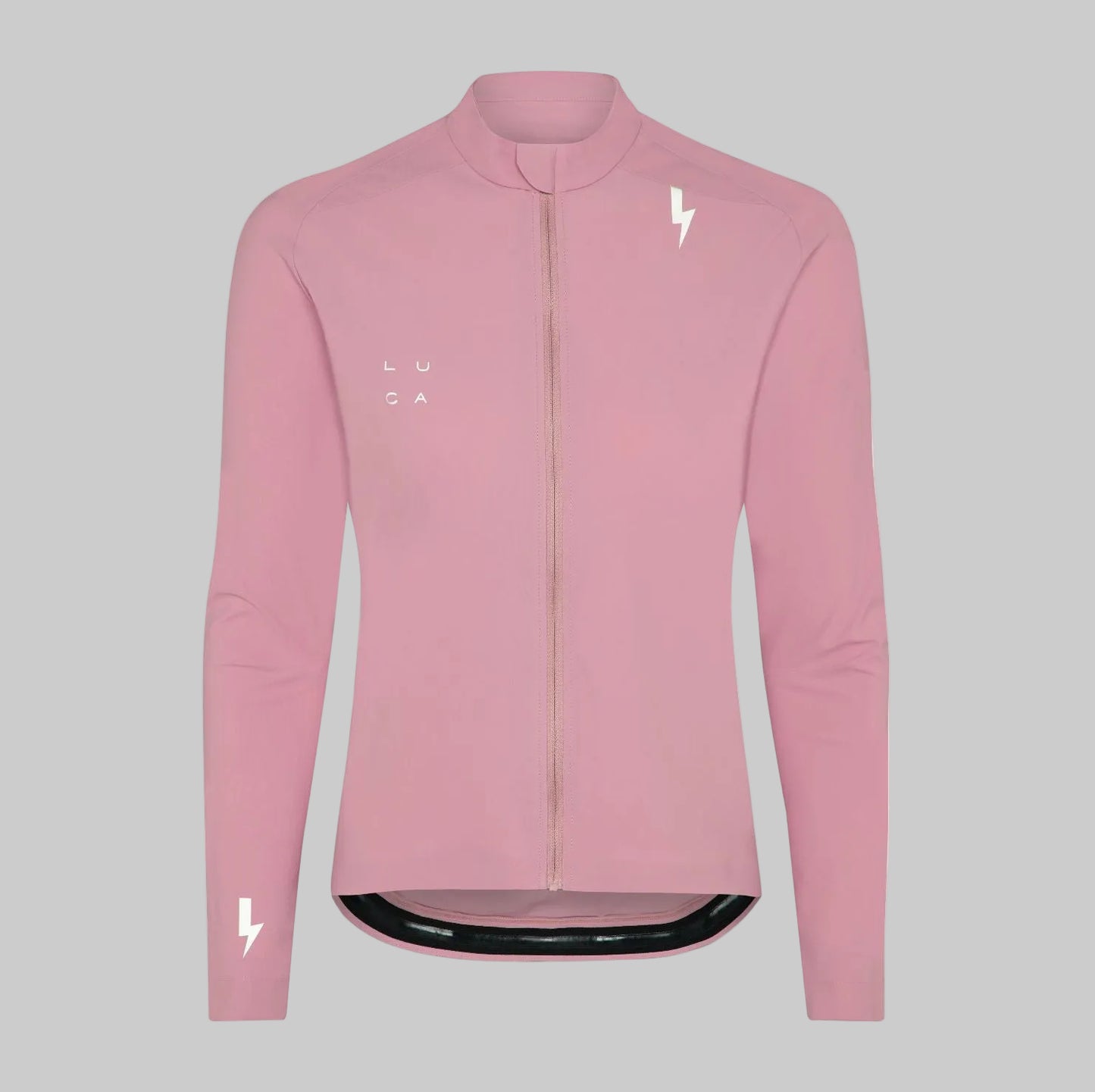 Front-view-of-a-light-pink-long-sleeve-cycling-top-with-a-full-zipper-white-LUCA-logo-and-a-white-lightning-bolt-graphic-on-the- shoulder