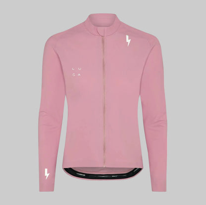 Front-view-of-a-light-pink-long-sleeve-cycling-top-with-a-full-zipper-white-LUCA-logo-and-a-white-lightning-bolt-graphic-on-the- shoulder
