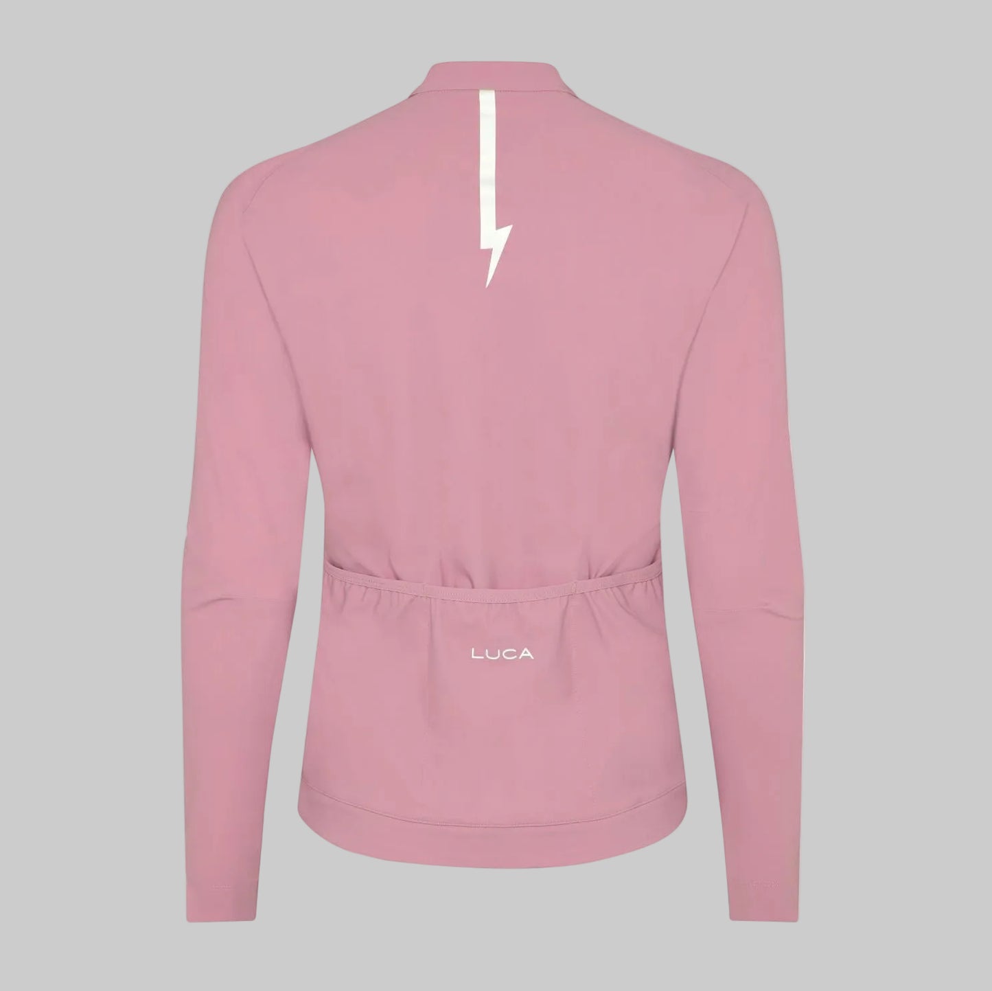 Back-view-of-a-dusty-pink-long-sleeve-cycling-jersey-with-the-white-LUCA-logo-and-a-reflective- lightning-bolt-strip-along-the-neck