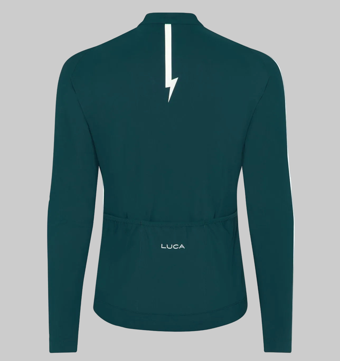 Back-view-of-a-teal-long-sleeve- cycling-jersey-with-a-reflective-white-lightning-bolt-strip-and-the- LUCA-logo-above-the-rear-pockets