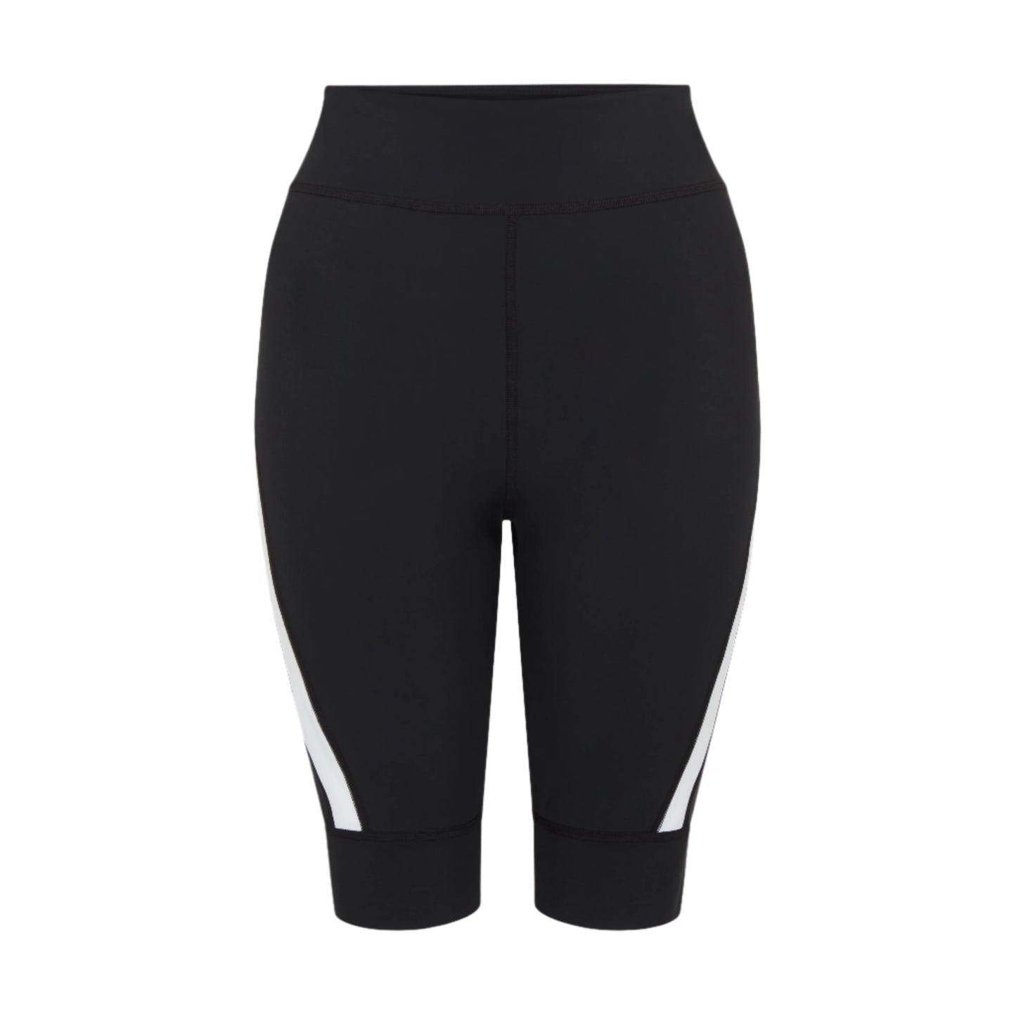 Product-shot-of-black-high-waisted biker-shorts-displayed-against-a- white-background-The-shorts- feature-a-distinctive-white-diagonal- stripe-accent-on-the-lower-sides-of- both-legs-Focus-on-women's-black- biker-shorts-high-waist-cycling- shorts-athletic-workout-gear-and- cycling-shorts