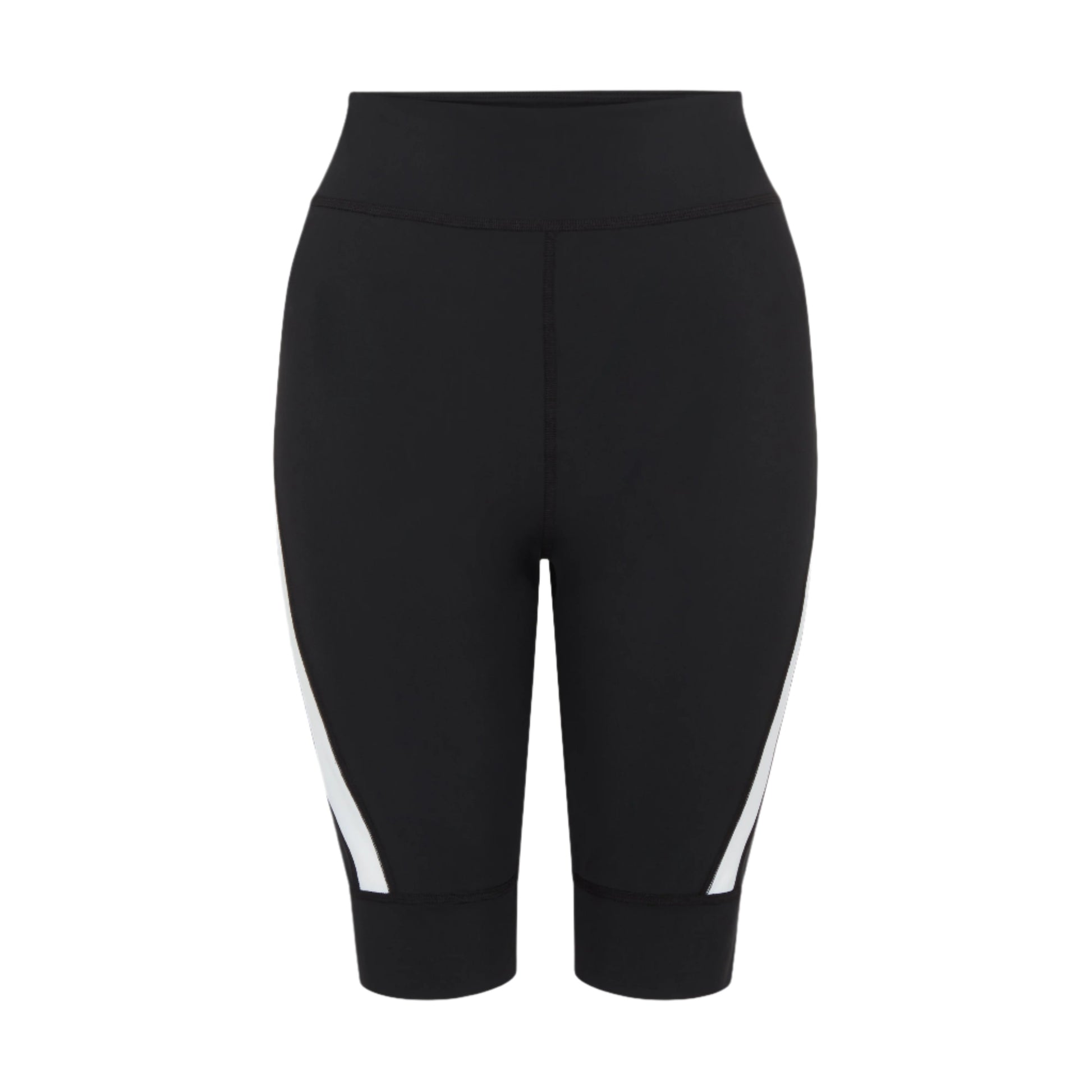 Product-shot-of-black-high-waisted biker-shorts-displayed-against-a- white-background-The-shorts- feature-a-distinctive-white-diagonal- stripe-accent-on-the-lower-sides-of- both-legs-Focus-on-women's-black- biker-shorts-high-waist-cycling- shorts-athletic-workout-gear-and- cycling-shorts
