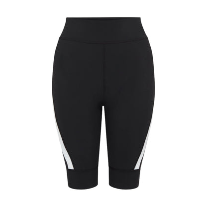 Product-shot-of-black-high-waisted biker-shorts-displayed-against-a- white-background-The-shorts- feature-a-distinctive-white-diagonal- stripe-accent-on-the-lower-sides-of- both-legs-Focus-on-women's-black- biker-shorts-high-waist-cycling- shorts-athletic-workout-gear-and- cycling-shorts
