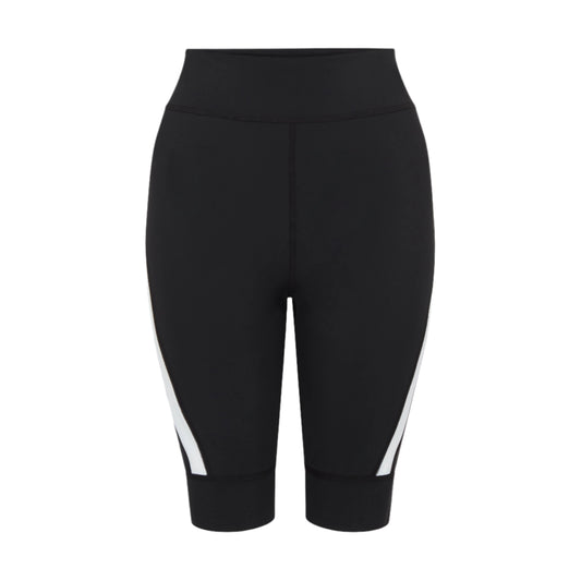 Product-shot-of-black-high-waisted biker-shorts-displayed-against-a- white-background-The-shorts- feature-a-distinctive-white-diagonal- stripe-accent-on-the-lower-sides-of- both-legs-Focus-on-women's-black- biker-shorts-high-waist-cycling- shorts-athletic-workout-gear-and- cycling-shorts