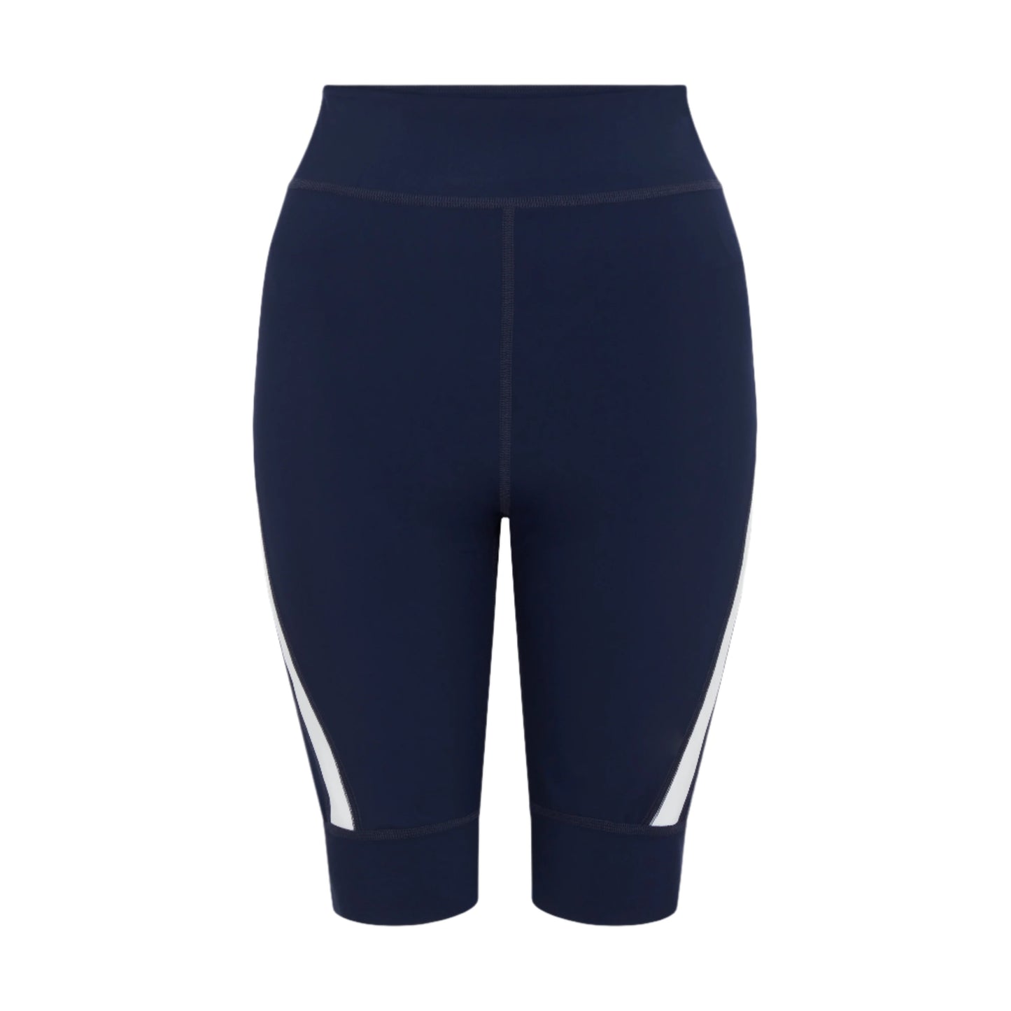 Product-photo-of-navy-blue-high-waisted-biker-shorts-displayed-against-a-white-background-The-shorts-feature-a-clean-design-with-a- wide-white-diagonal-stripe-accent-on-the-outer-lower-leg-Focus-on-navy-blue-women's-biker-shorts-high-waist-athletic-shorts-cycling-gear-and-dark-blue-cycling-apparel