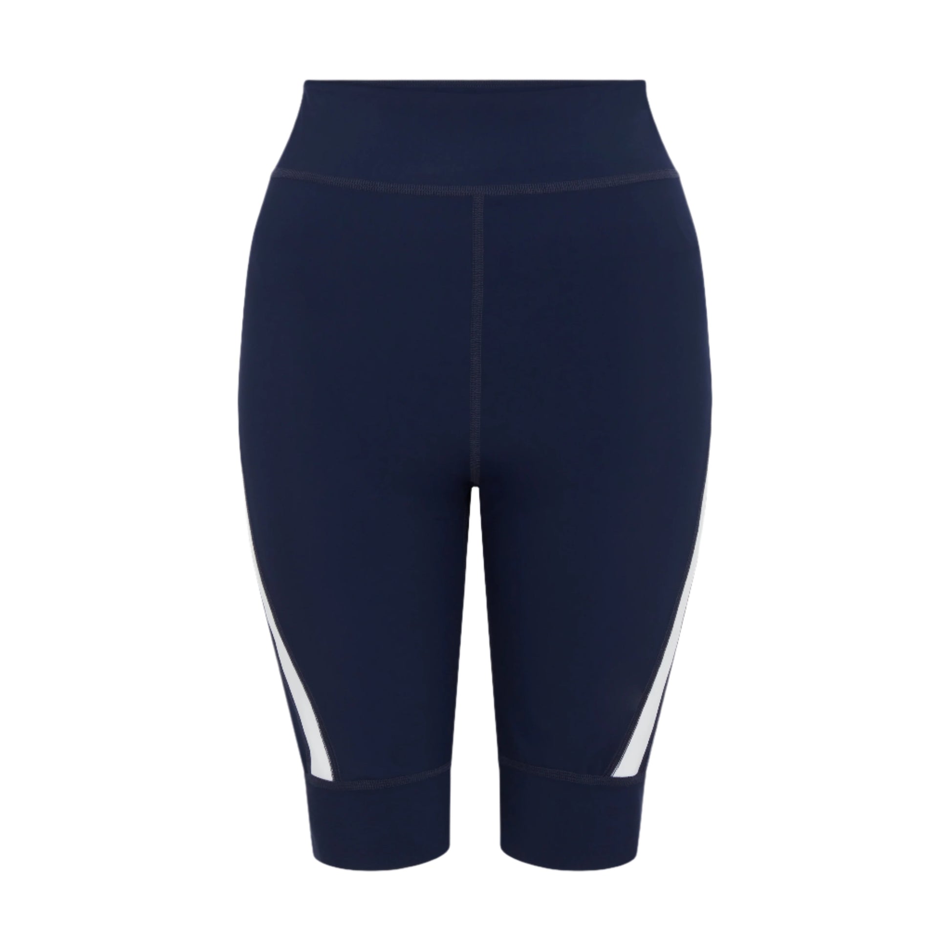 Product-photo-of-navy-blue-high-waisted-biker-shorts-displayed-against-a-white-background-The-shorts-feature-a-clean-design-with-a- wide-white-diagonal-stripe-accent-on-the-outer-lower-leg-Focus-on-navy-blue-women's-biker-shorts-high-waist-athletic-shorts-cycling-gear-and-dark-blue-cycling-apparel