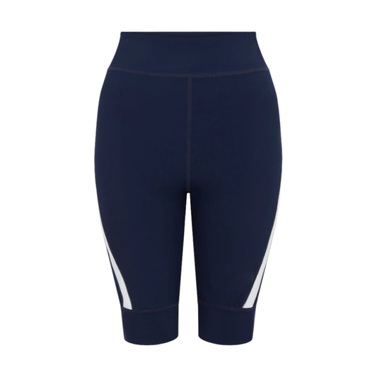 Product-photo-of-navy-blue-high-waisted-biker-shorts-displayed-against-a-white-background-The-shorts-feature-a-clean-design-with-a- wide-white-diagonal-stripe-accent-on-the-outer-lower-leg-Focus-on-navy-blue-women's-biker-shorts-high-waist-athletic-shorts-cycling-gear-and-dark-blue-cycling-apparel