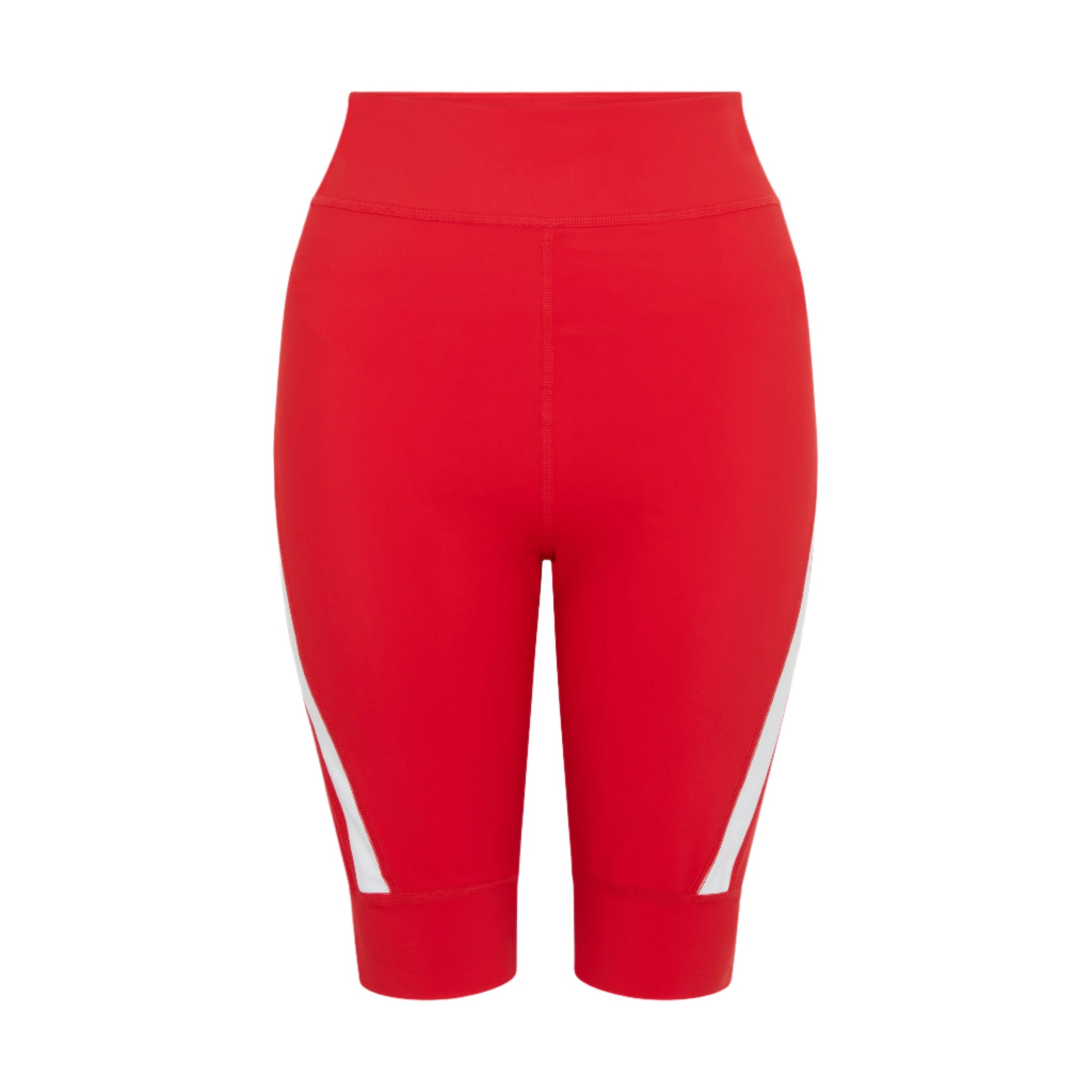 Product-photo-of-bright-red-high-waisted-biker-shorts-displayed- against-a-white-background-The-shorts-feature-a-modern-design-with-a-wide-white-diagonal-stripe-accent- on-the-outer-lower-leg-Focus-on-red- women's-biker-shorts-high-waist- cycling-shorts- athletic-workout-gear-and-running- shorts