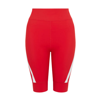 Product-photo-of-bright-red-high-waisted-biker-shorts-displayed- against-a-white-background-The-shorts-feature-a-modern-design-with-a-wide-white-diagonal-stripe-accent- on-the-outer-lower-leg-Focus-on-red- women's-biker-shorts-high-waist- cycling-shorts- athletic-workout-gear-and-running- shorts