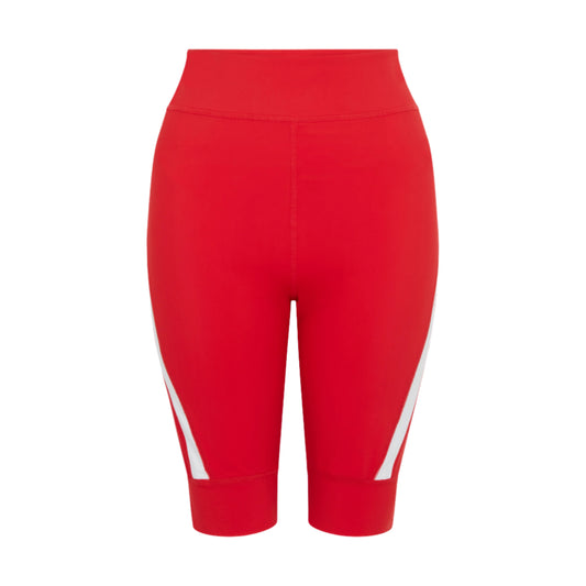 Product-photo-of-bright-red-high-waisted-biker-shorts-displayed- against-a-white-background-The-shorts-feature-a-modern-design-with-a-wide-white-diagonal-stripe-accent- on-the-outer-lower-leg-Focus-on-red- women's-biker-shorts-high-waist- cycling-shorts- athletic-workout-gear-and-running- shorts