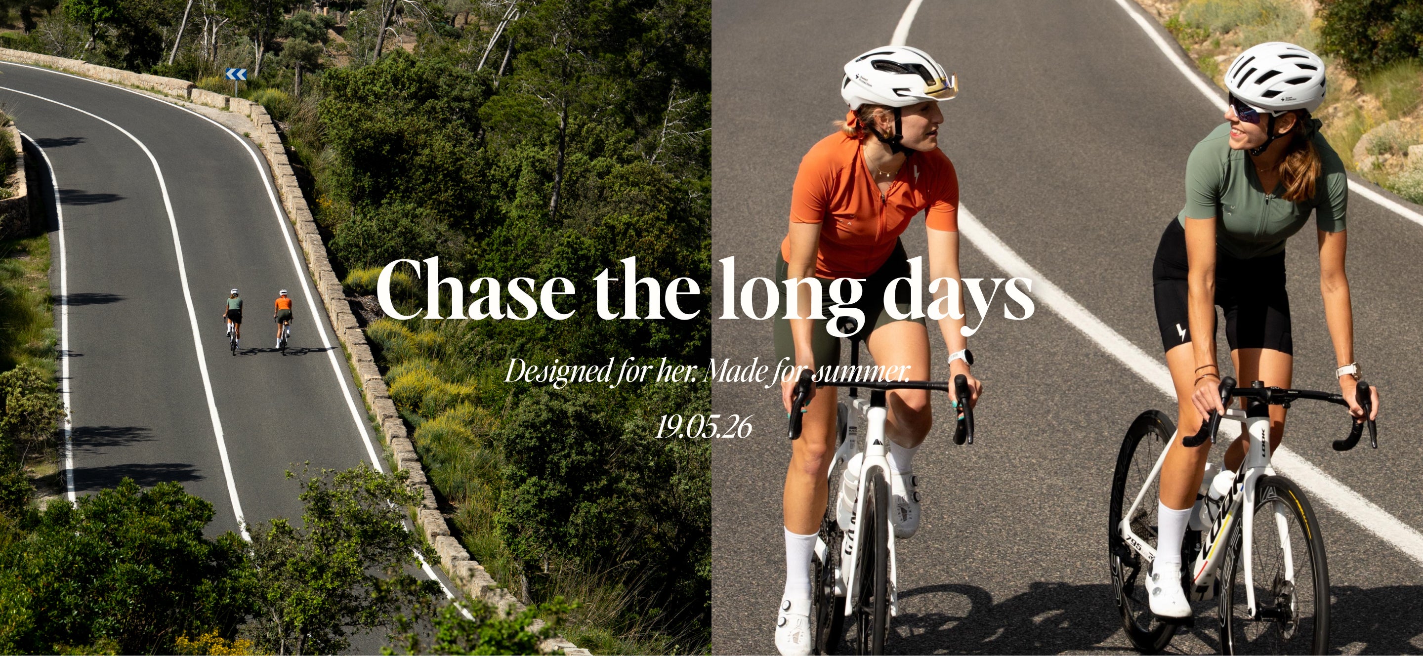 Two female cyclists riding on a winding mountain road wearing LUCA summer cycling jerseys in burnt orange and sage green. Text overlay reads: "Chase the long days. Designed for her. Made for summer."