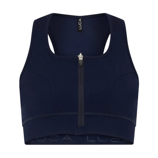 Product-photo-of-a-navy-blue-athletic- sports-bra-displayed-against-a-white- background-It-features-a-sturdy-full- front-zipper-closure-and-a-racerback- design-with-mesh-detailing-The-black- LUCA-brand-tag-is-visible-near-the- neckline-Focus-on-women's-navy- front-zip-sports-bra-high-support- activewear-dark-blue-cycling-crop-top-and-easy-wear-workout-gear