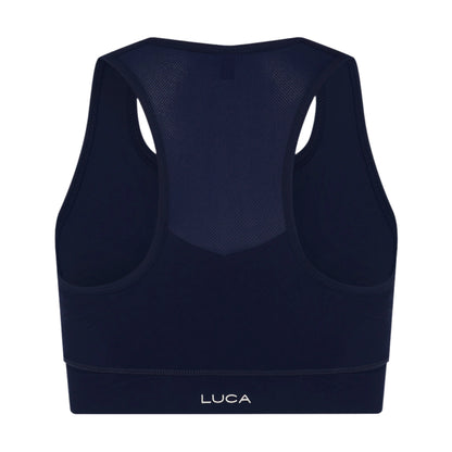 Back-view-of-a-navy-blue-cycling- bra-with-a-wide-elastic-band-and-a- breathable-mesh-panel-on-the- racerback-Dark-blue-activewear-top-designed-for-maximum-support- and-comfort