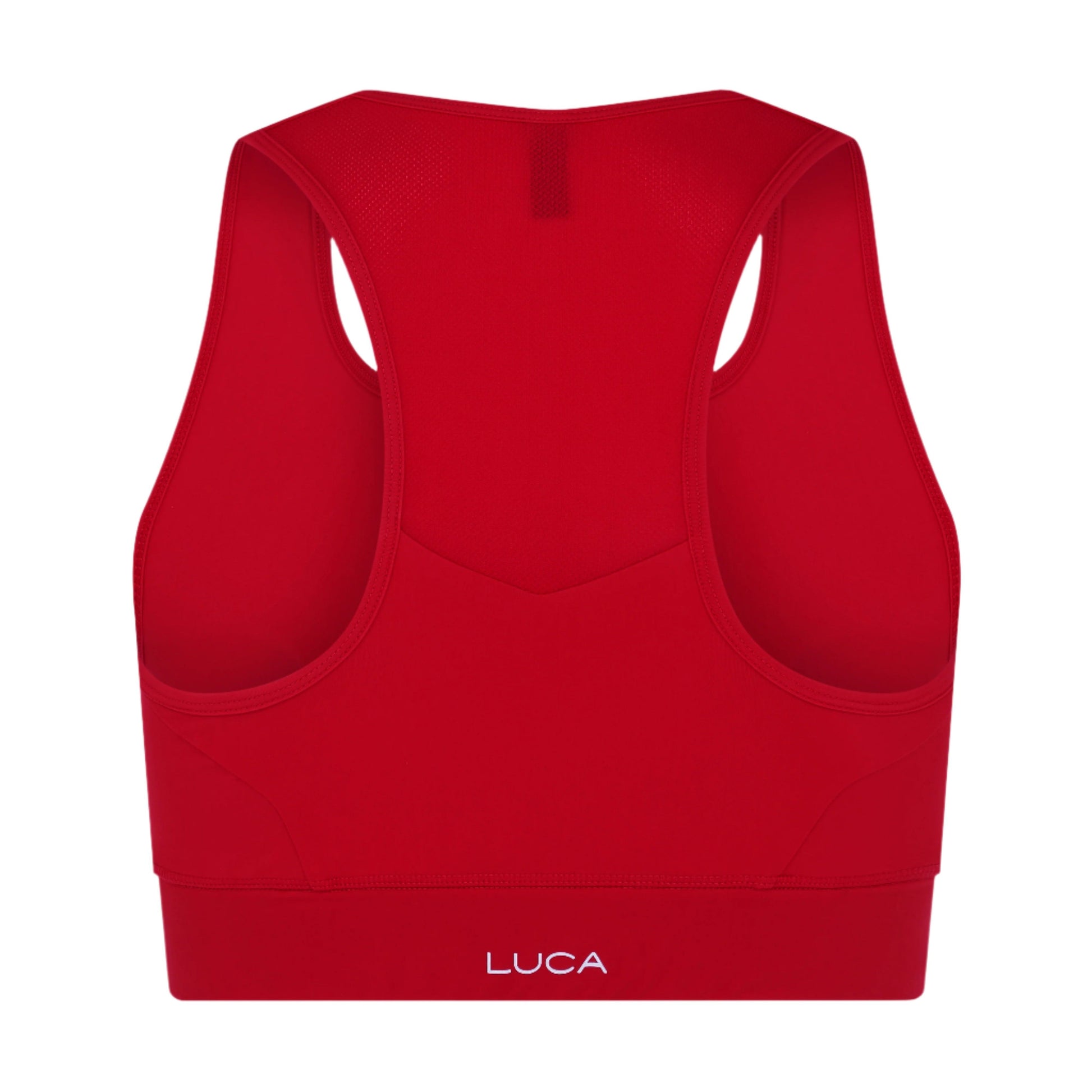 Back-view-of-a-vibrant-red-sports- bra-featuring-a-supportive-racerback-design-with-a-mesh-panel-near-the-neck-Medium-to-high-support-cycling-top-for-cycling