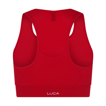 Back-view-of-a-vibrant-red-sports- bra-featuring-a-supportive-racerback-design-with-a-mesh-panel-near-the-neck-Medium-to-high-support-cycling-top-for-cycling