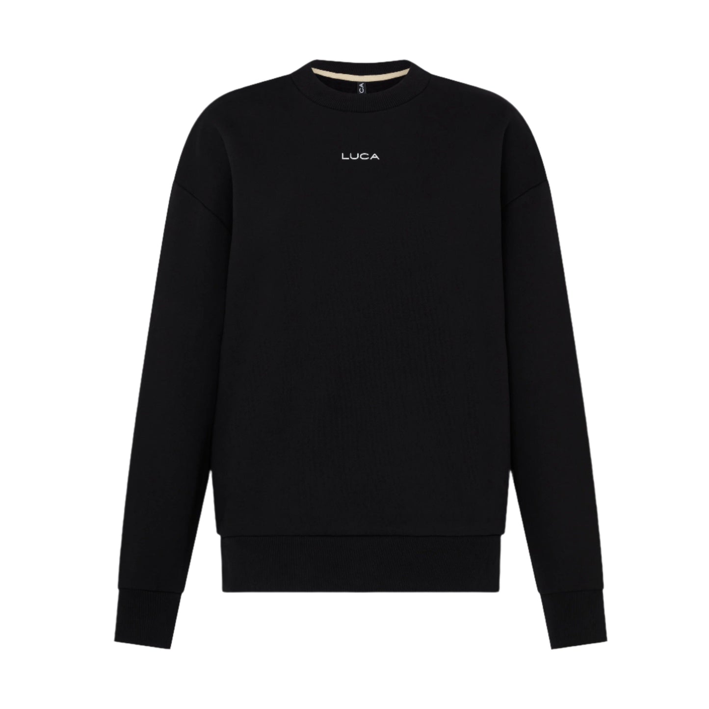A-plain-black-long-sleeve-sweatshirt-with-a-crew-neck-and- ribbed-cuffs-The-white-LUCA-brand-logo-is-small-and-centered-on-the-upper-chest-Ideal-for-unisex- cycling-wear-warm-up-gear- comfortable-fleece-apparel