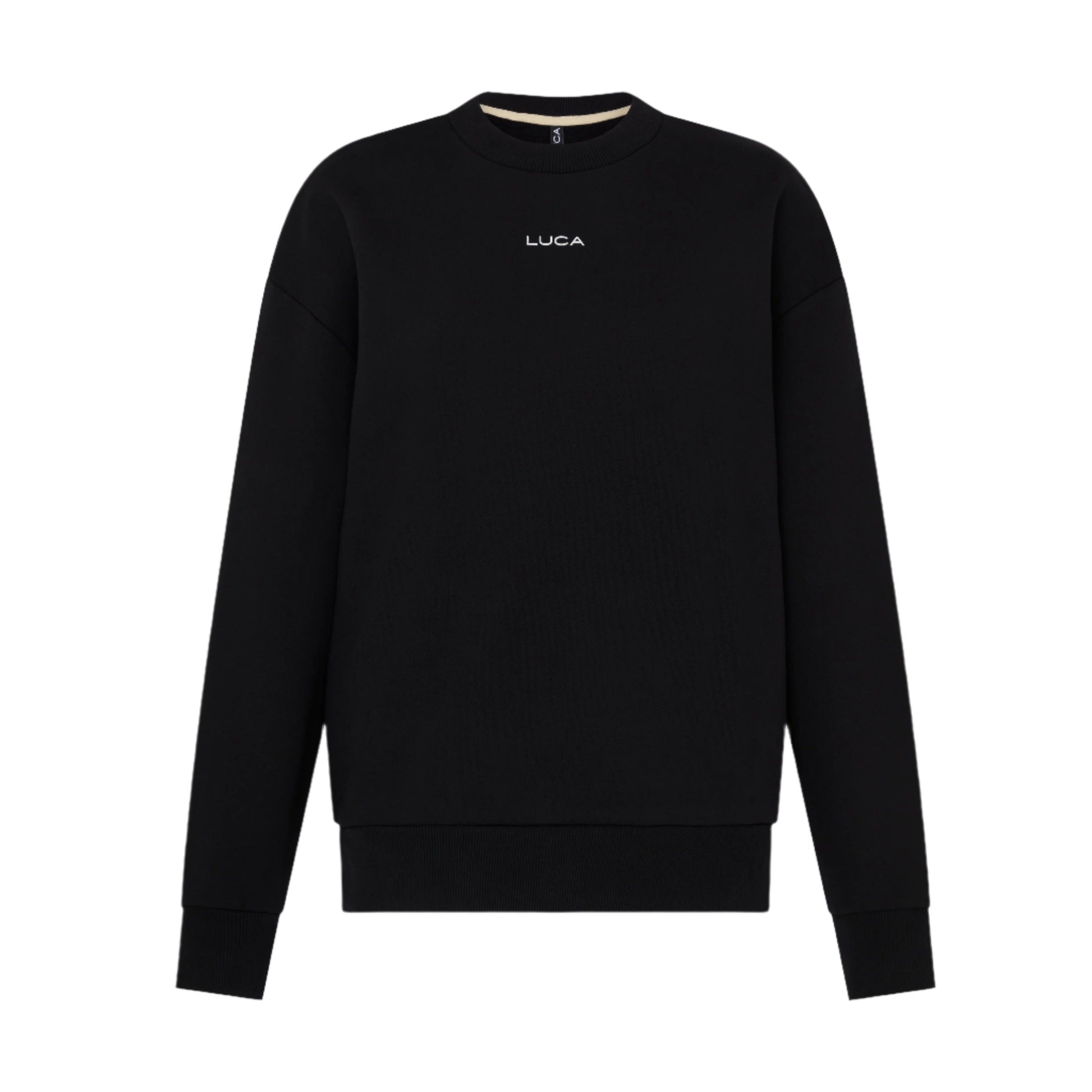 A-plain-black-long-sleeve-sweatshirt-with-a-crew-neck-and- ribbed-cuffs-The-white-LUCA-brand-logo-is-small-and-centered-on-the-upper-chest-Ideal-for-unisex- cycling-wear-warm-up-gear- comfortable-fleece-apparel