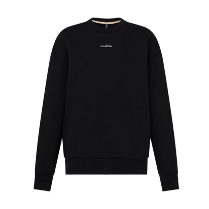 A-plain-black-long-sleeve-sweatshirt-with-a-crew-neck-and- ribbed-cuffs-The-white-LUCA-brand-logo-is-small-and-centered-on-the-upper-chest-Ideal-for-unisex- cycling-wear-warm-up-gear- comfortable-fleece-apparel