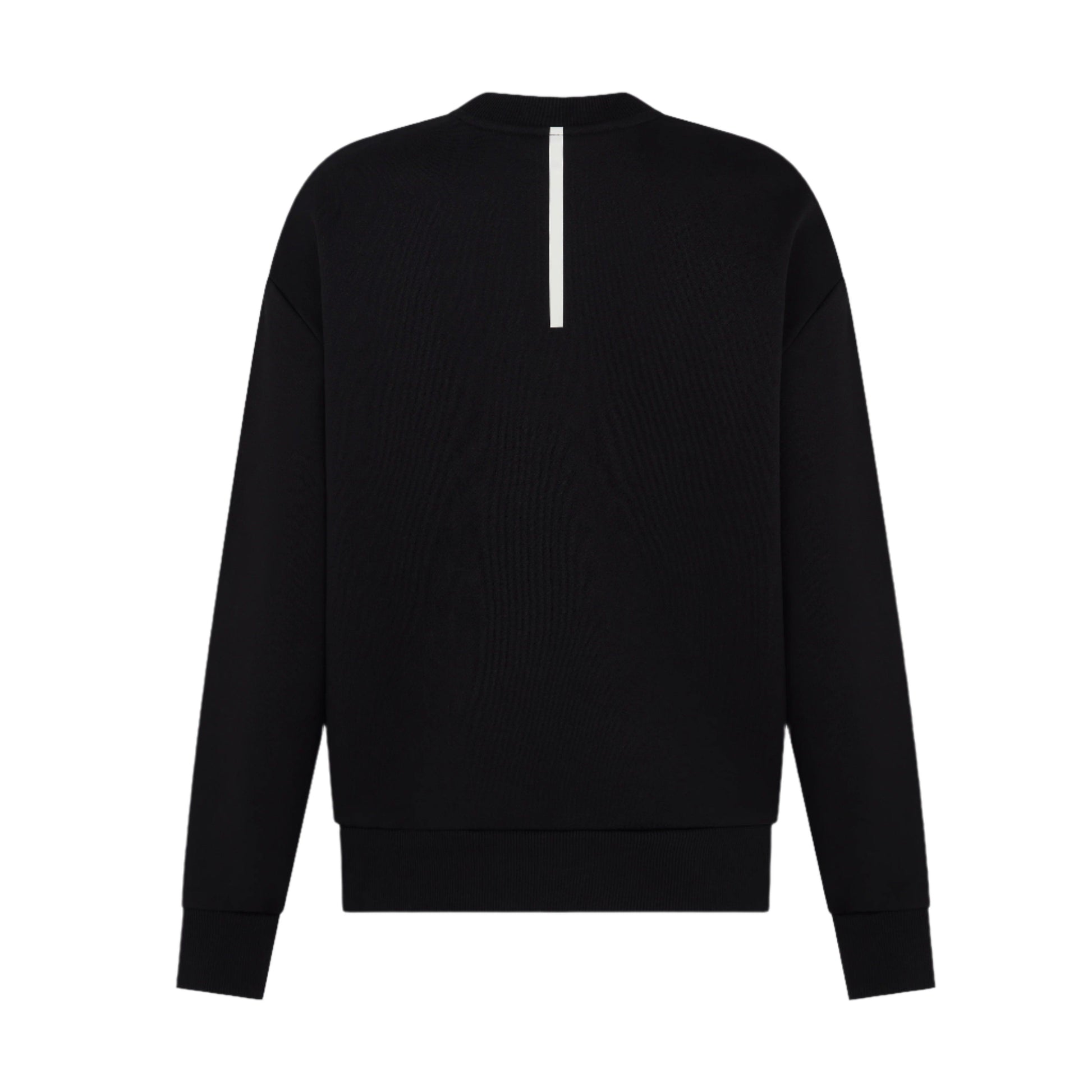 Back-view-of-a-black-crewneck- sweatshirt-with-a-subtle-reflective- vertical-white-stripe-detail-on-the- upper-back-Minimalist-women's- athletic-layering-piece