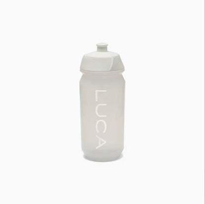 Translucent-matte-white-cycling- water-bottle-with-the-LUCA-logo- printed-vertically-on-the-side