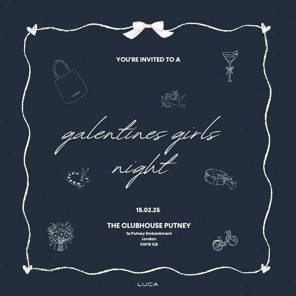 Dark-blue-invitation-for-a-Galentine's- Girls-Night-in-London-framed-by- hearts-and-featuring-lllustrations-of-a- cocktail-cheese-a-bicycle-flowers-an-art-palette-and-a-handbag
