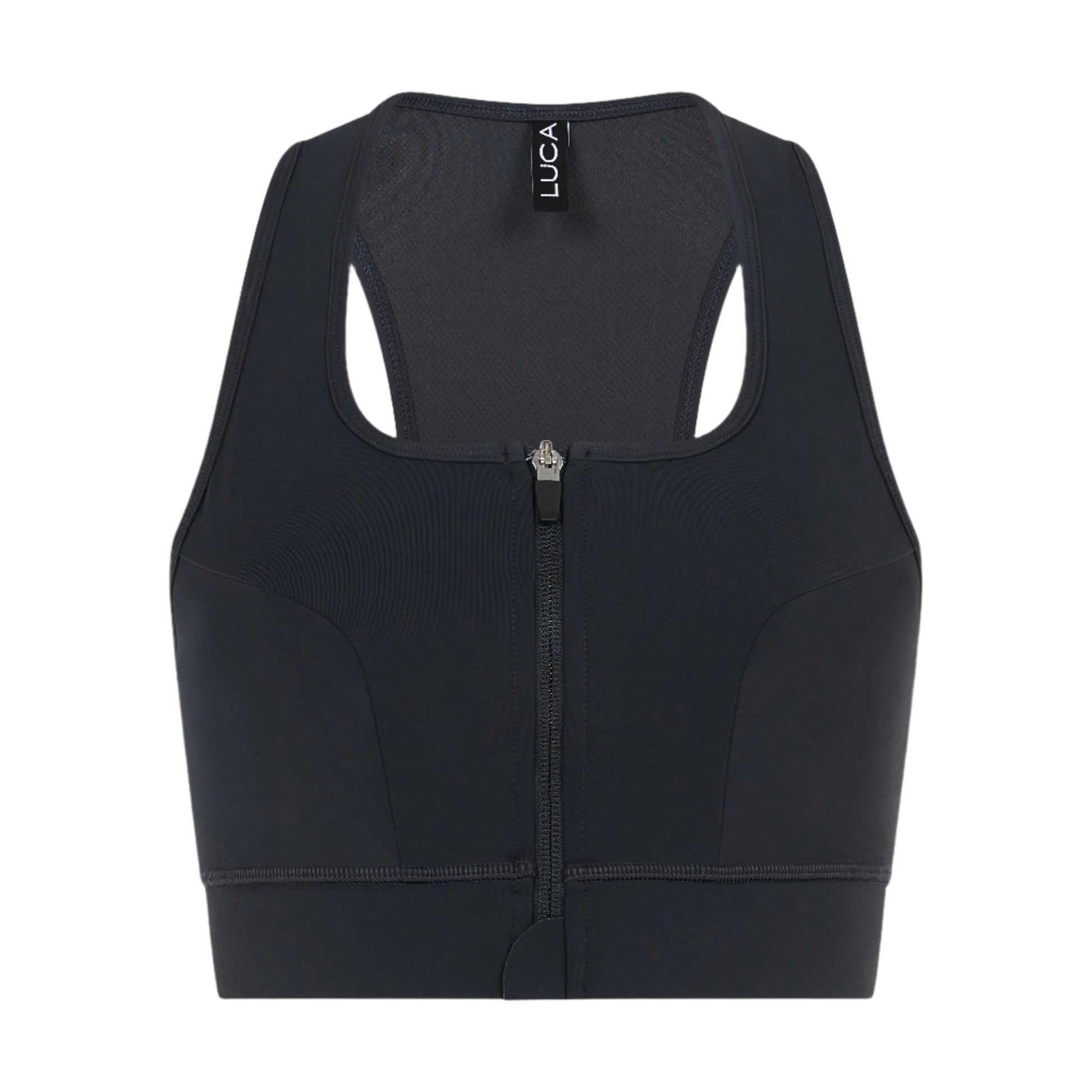 Front-view-of-a-dark-grey-bra-sports-featuring-a-racerback-design-and-a-functional-zipper-closure-down-the-center-of-the-back-The-LUCA-logo-is-visible-on-the-inner-neck-tag