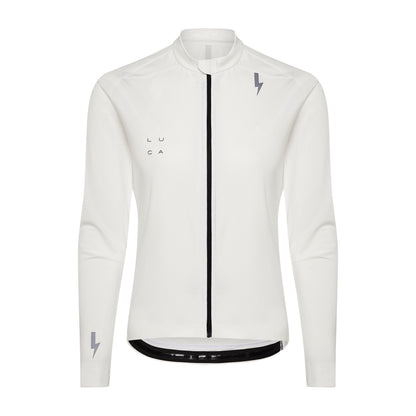 Front-view-of-the-white-long-sleeve-athletic-jersey-with-a-full-blck-zip-and-high-collar-The-top-features-gray-LUCA-chest-branding-logo-and-reflective-lighting-bolt-sign-on-the-upper-chest-and-lower-sleeve
