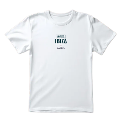 White t-shirt with a detailed black and grey line-art illustration collage on the back. The complex collage includes icons like a disco ball, palm tree, bicycle, beach chair, waves, food items, and people, all arranged under a washing line. A text logo on the side mentions "LEBLANG x LUCA."