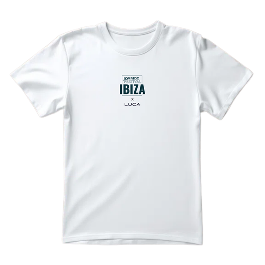 White t-shirt with a detailed black and grey line-art illustration collage on the back. The complex collage includes icons like a disco ball, palm tree, bicycle, beach chair, waves, food items, and people, all arranged under a washing line. A text logo on the side mentions "LEBLANG x LUCA."
