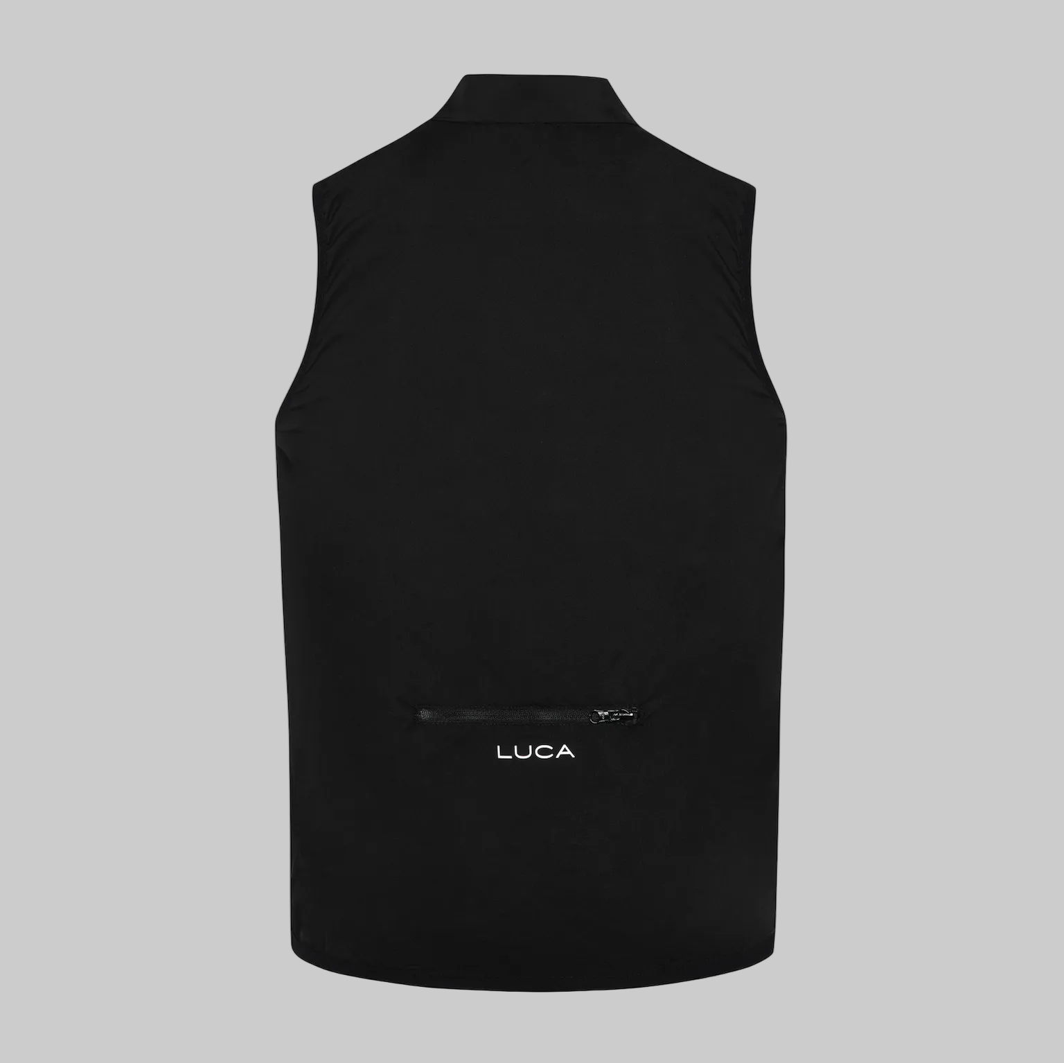 Back-view-of-a-black-cycling-gilet with-the-Luca-logo-above-a-rear- zipper-pocket