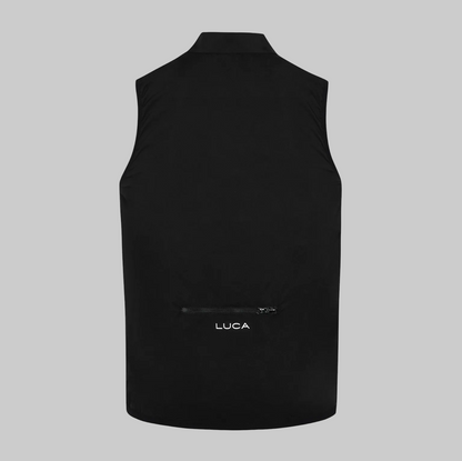 Back-view-of-a-black-cycling-gilet with-the-Luca-logo-above-a-rear- zipper-pocket