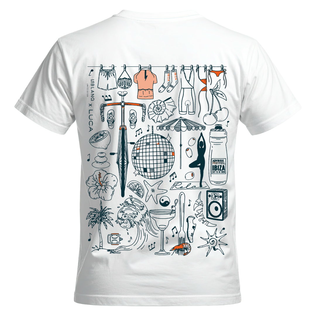 Back view of a white LUCA x Leblang limited edition t-shirt featuring a detailed line-art graphic of a bicycle, disco ball, palm tree, and beach lifestyle doodles for the Ibiza Joyride Festival.