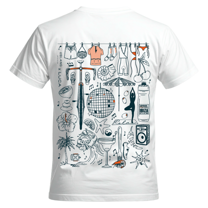 Back view of a white LUCA x Leblang limited edition t-shirt featuring a detailed line-art graphic of a bicycle, disco ball, palm tree, and beach lifestyle doodles for the Ibiza Joyride Festival.