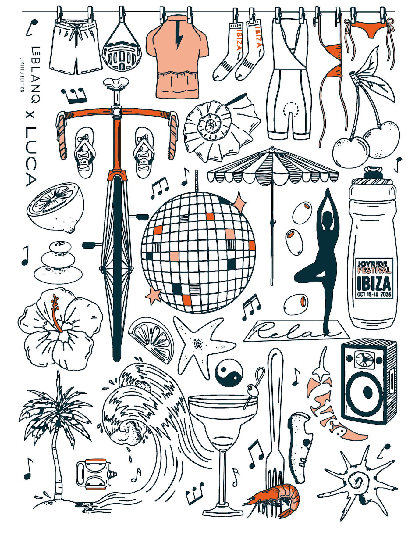 A detailed line-art graphic illustration for the Leblang x LUCA Joyride Festival Ibiza 2026. The artwork features a disco ball, a racing bicycle, beach items hanging on a clothesline, a palm tree, ocean waves, a cocktail glass, and musical notes.