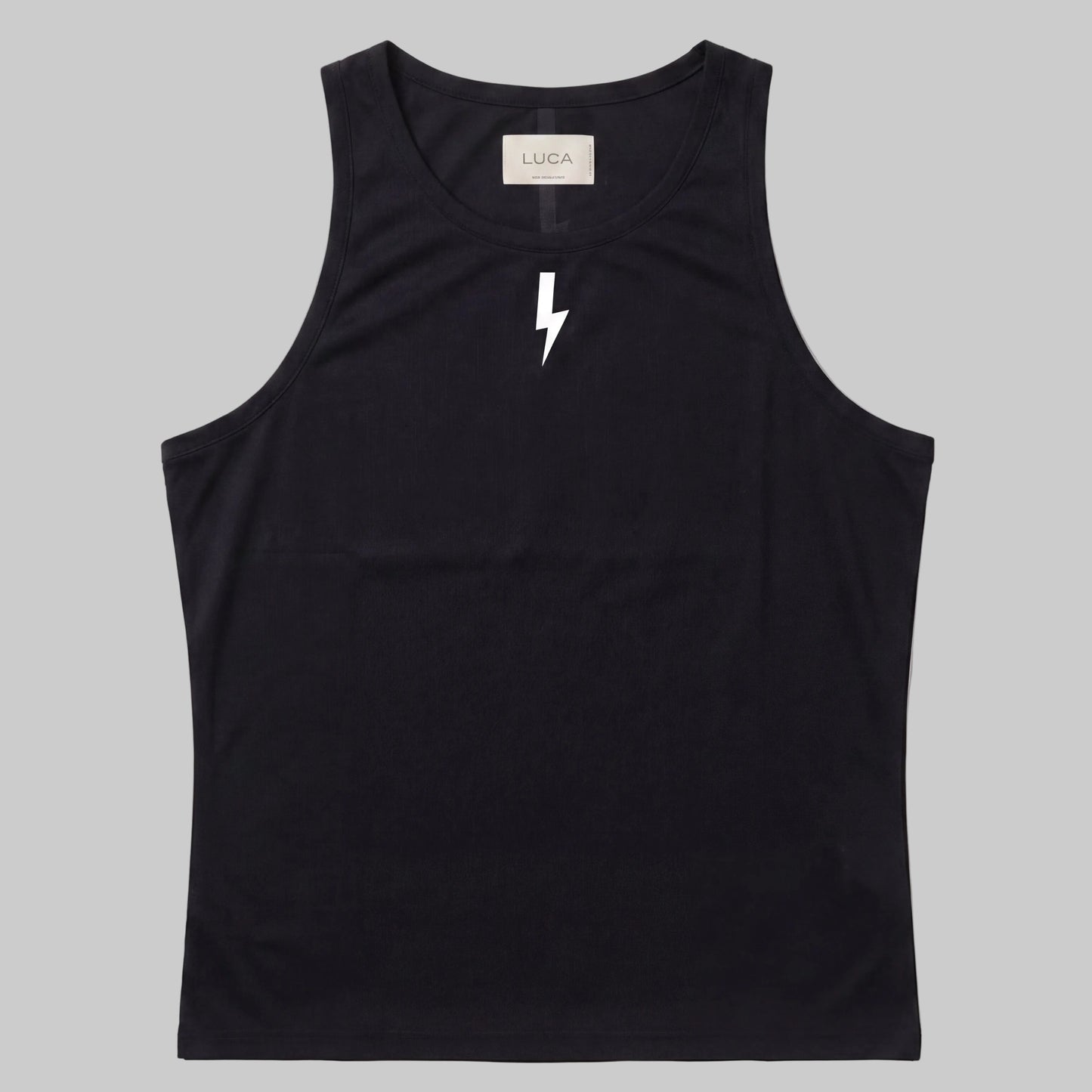 LUCA Meander women's cycling vest in black, front flat lay with bolt logo