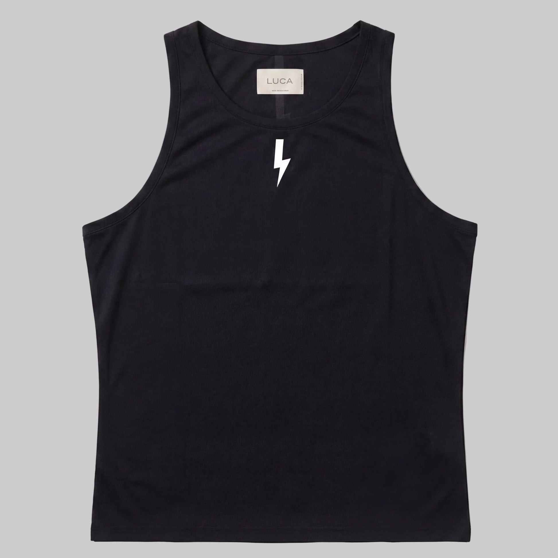 LUCA Meander women's cycling vest in black, front flat lay with bolt logo