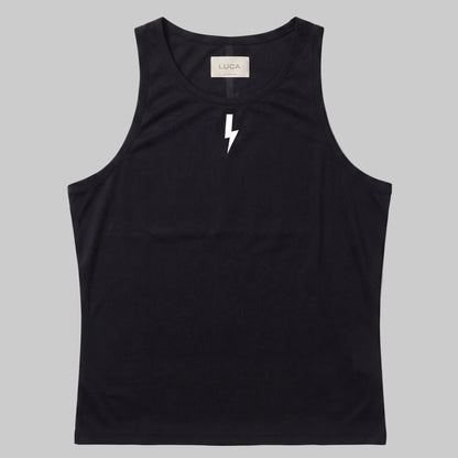 LUCA Meander women's cycling vest in black, front flat lay with bolt logo