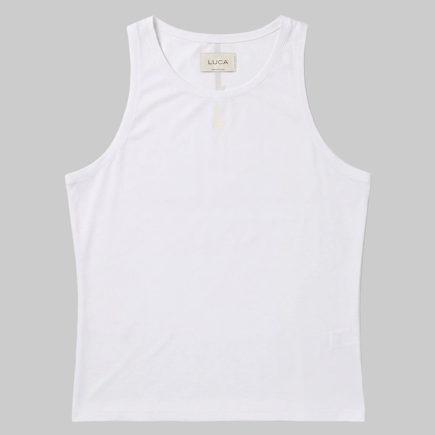 LUCA Meander women's cycling vest in white, front flat lay with bolt logo